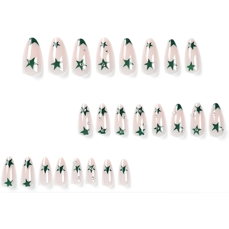 24 PCS Green Star Nail Art, Length Long Water Pipe Fake Nails, Had Nail Tips False Nail EX-STOCK Canada 