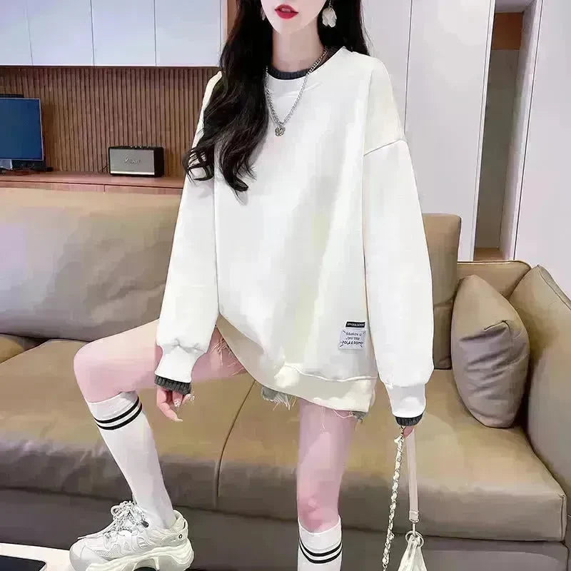 Women Round-neck With Fleece Lining Thick Fake Two Pieces Long Sleeve Loose Hoodie Sweatshirt - EX-STOCK CANADA