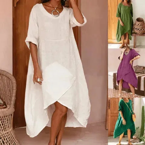 Women Maxi Dress Neck Pocket Summer Loose Casual Baggy Robe Female Retro Long Dresses - EX-STOCK CANADA