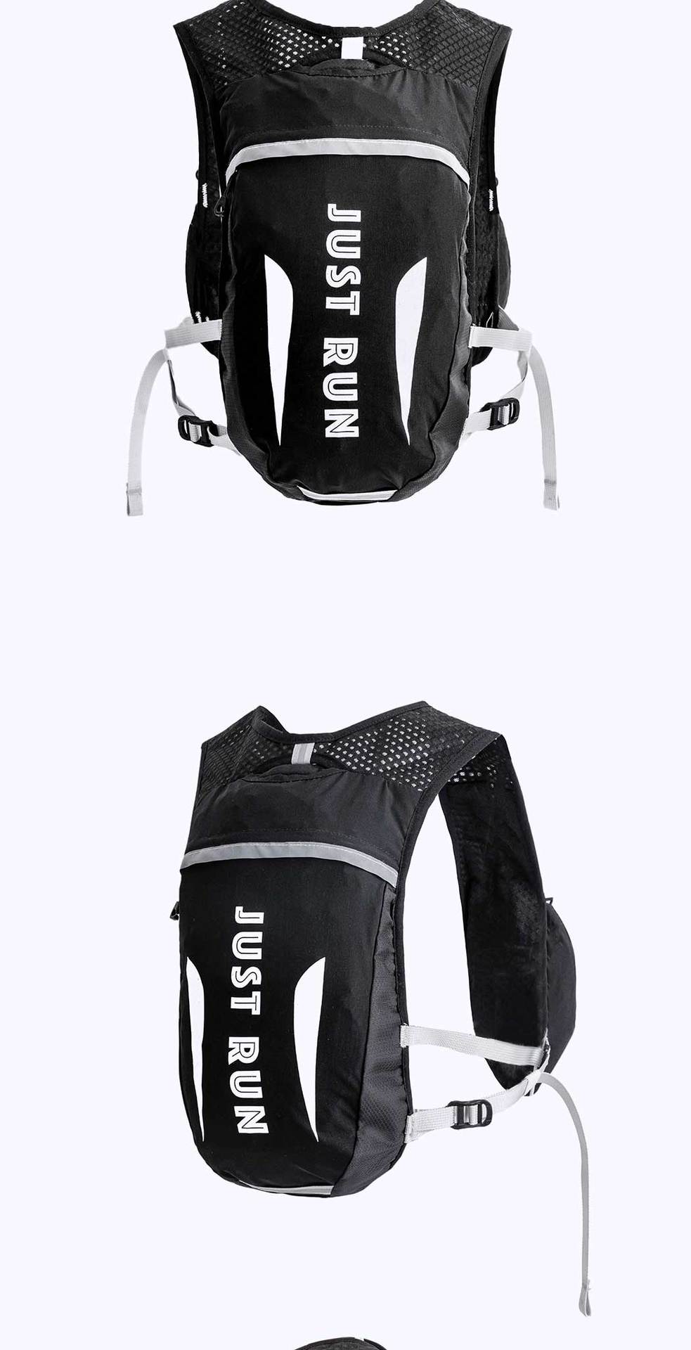A black running hydration backpack with white accents and the brand name 'JUST RUN' printed vertically in white on the front, shown in two views against a plain white background.