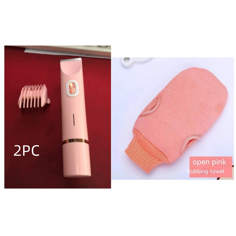 Pink grooming tool and scrubbing towel on a white background
