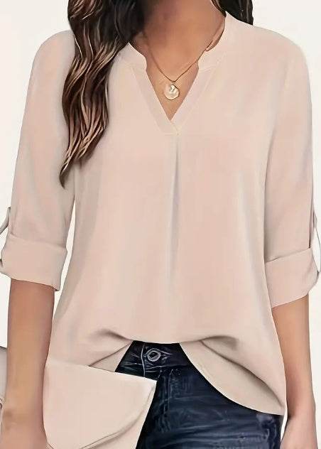 Chic Solid V-Neck Blouse - Fashionable Simplicity For Women - Relaxed Casual Long Sleeve Style - EX-STOCK Canada