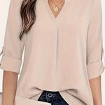 Chic Solid V-Neck Blouse - Fashionable Simplicity For Women - Relaxed Casual Long Sleeve Style - EX-STOCK Canada