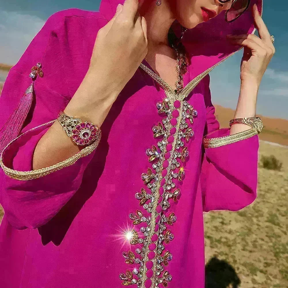 Women's Luxury Rose Red Hooded Middle East Moroccan Dubai Style Dress Fancy Embellish Summer Turkish dress - EX-STOCK CANADA