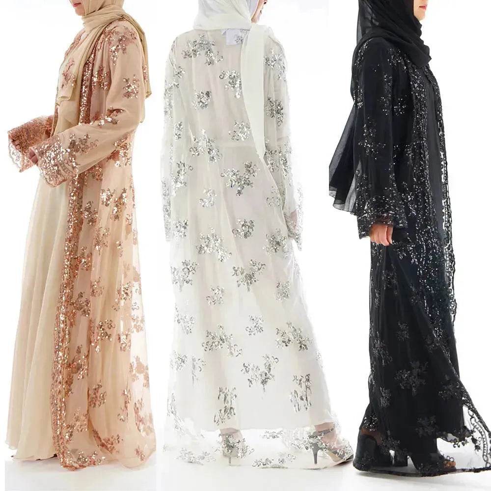 White Chiffon Sequin Embroidery Dubai Abaya Kimono Middle East ArabClothing - EX-STOCK Canada