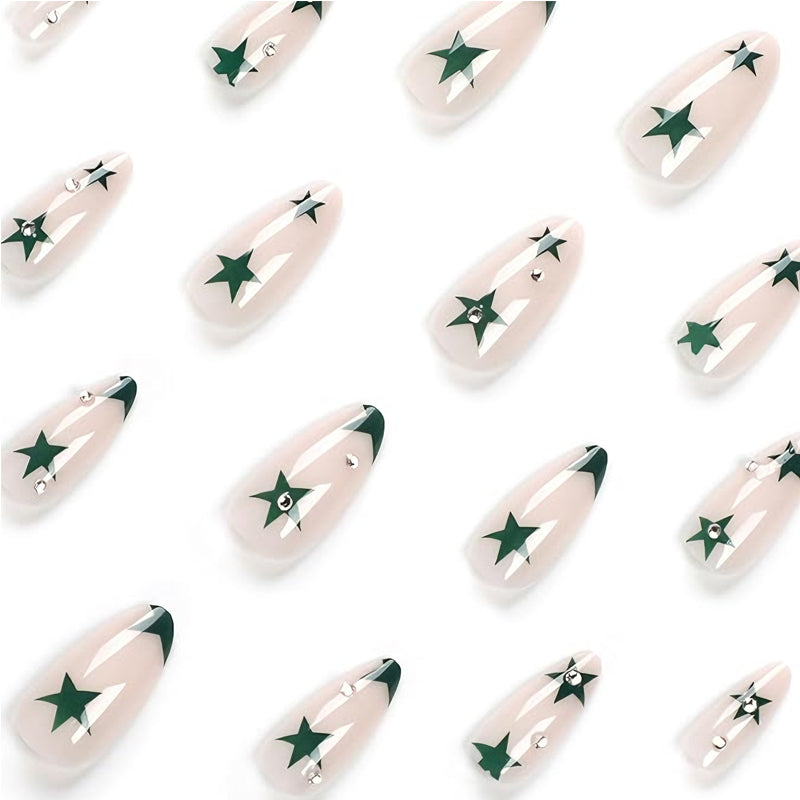 24 PCS Green Star Nail Art, Length Long Water Pipe Fake Nails, Had Nail Tips False Nail EX-STOCK Canada 