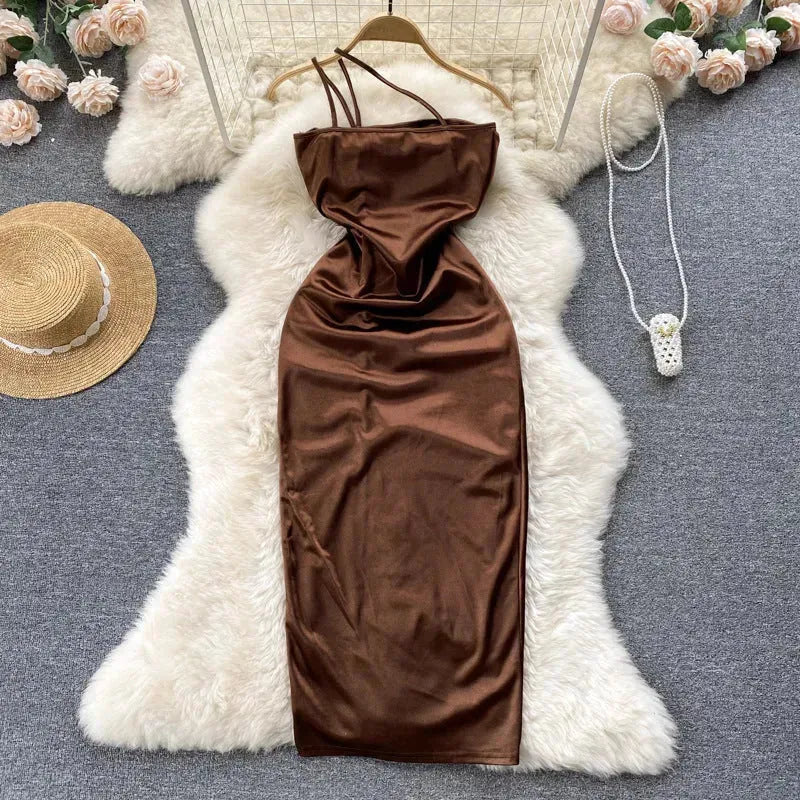 Elegant Women Sleeveless One shoulder Drawstring Satin Dress for Party, Wedding, Cocktail - EX-STOCK CANADA
