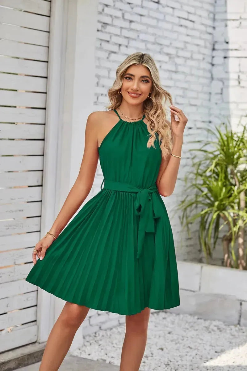 Halter Strapless Dresses For Women Solid Pleated Skirt Summer Beach Sundress - EX-STOCK CANADA