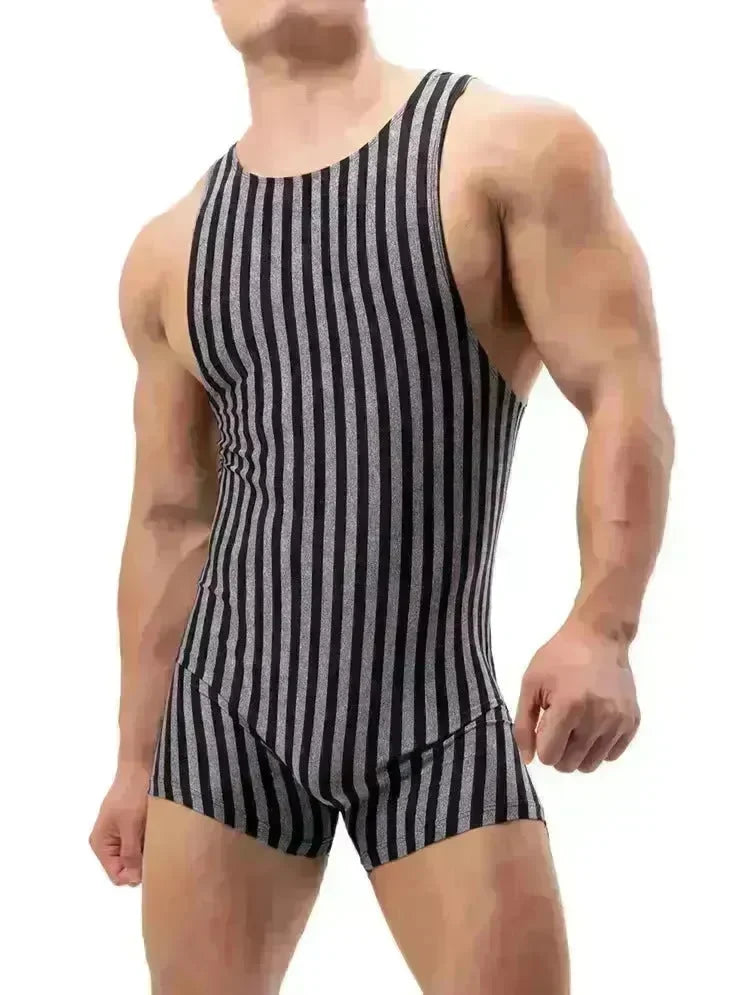 New Vertical Striped Pajamas Sports Swimming Brief Bodysuit for men - EX-STOCK CANADA