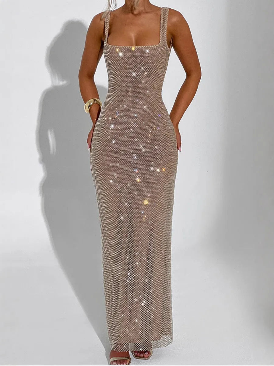 Sleeveless Square neck Suspender Sequined Long Party Dress - EX-STOCK CANADA