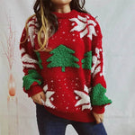 Women's Fashion Christmas Tree Jacquard Round Neck Long Sleeve Pullover Sweater top - EX-STOCK Canada