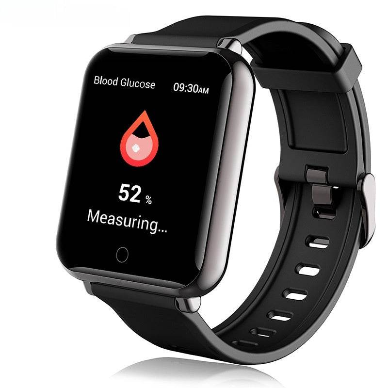 Black smartwatch displaying blood glucose measurement on a white background