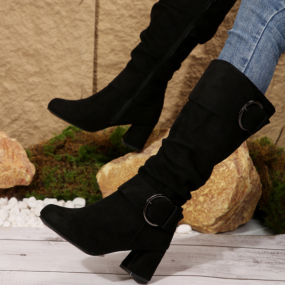 Buckle Strap Chunky Heel Mid-Calf Boots | Black