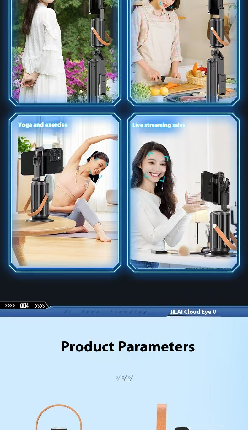 A promotional collage for the JLA1 Cloud Eye V smartphone tripod. The top half shows four lifestyle scenes of people using the black and orange tripod for yoga, exercise, and live streaming.
