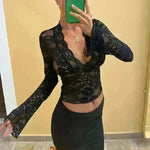 Flowers Lace Long Sleeve Top Y2K Fashion Slim Bottoming Crop Top for Women Casual Lace Top for Women - EX-STOCK CANADA