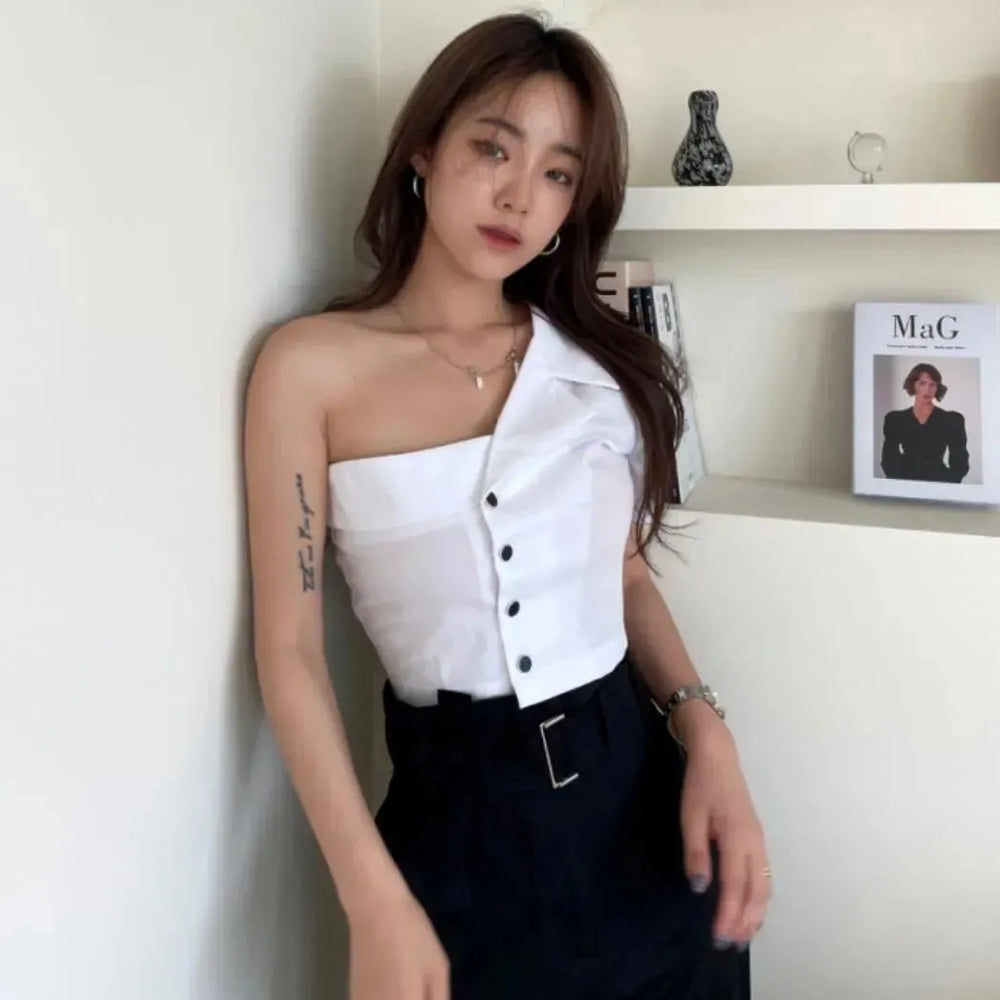 Summer Fashionable Irregular One-shoulder Design  Single-breasted blouse Shirt For Women - EX-STOCK CANADA