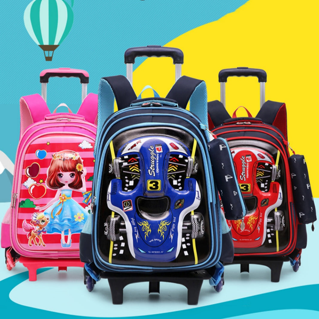 Three colorful backpacks with cartoon designs on a multicolored background