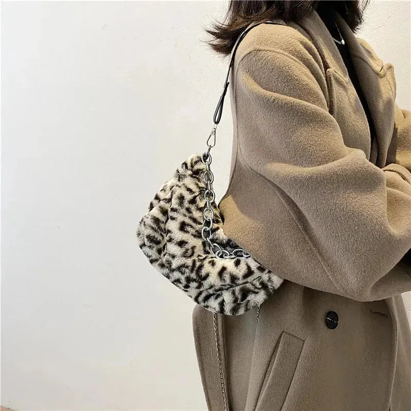 Leopard Pattern Plush Bag Personality Diagonal Women Bag Chain Shoulder Bag - EX-STOCK CANADA