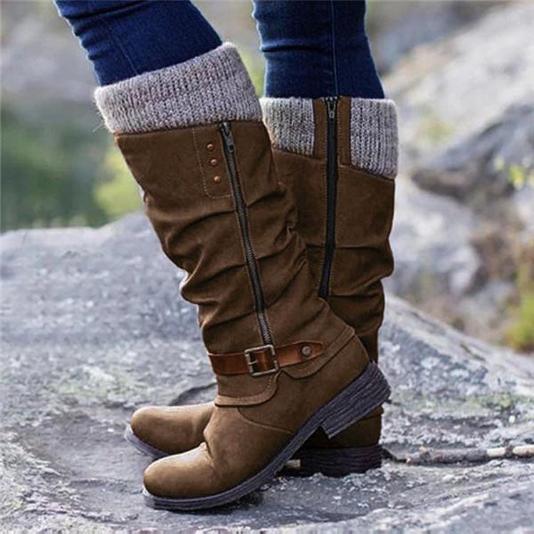 Women's Mid-Calf Slouchy Boots | Side Zipper, Knit Cuff, Block Heel | 5 Colours, Sizes 35–43