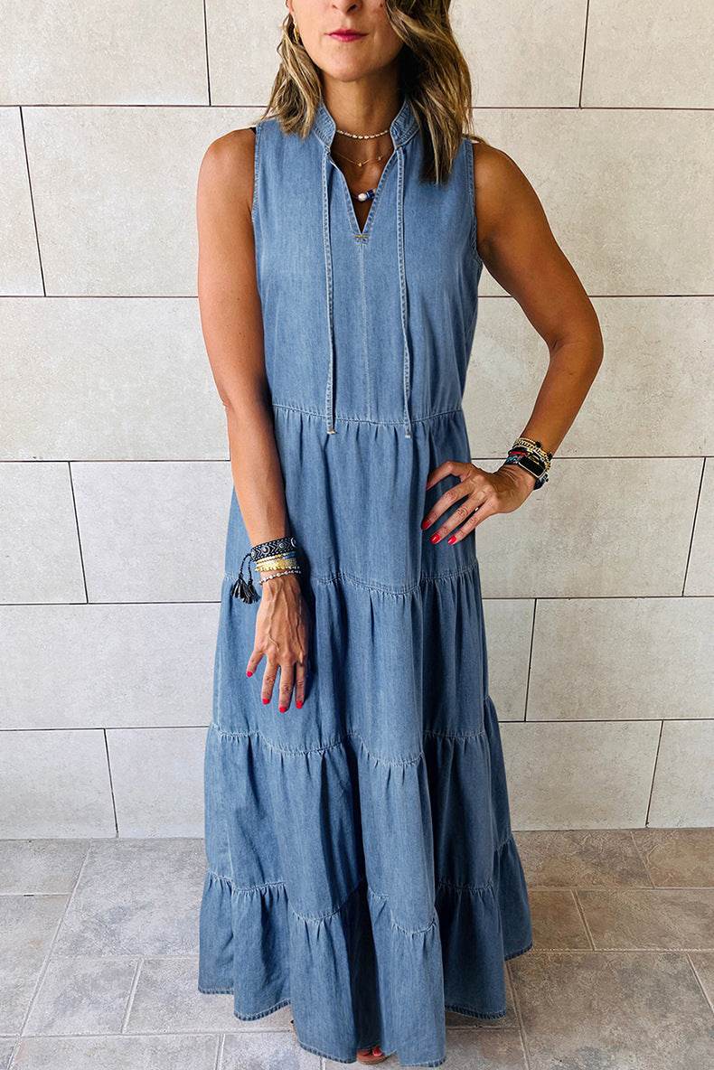 Women's Sleeveless Denim Fashion Retro High Waist Layered Dress - EX-STOCK Canada