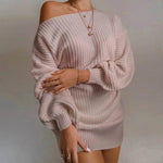 Autumn Winter Slant Shoulder Off Lantern sleeve Mini knitted wool sweater dress - EX-STOCK Canada