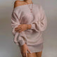 Autumn Winter Slant Shoulder Off Lantern sleeve Mini knitted wool sweater dress - EX-STOCK Canada