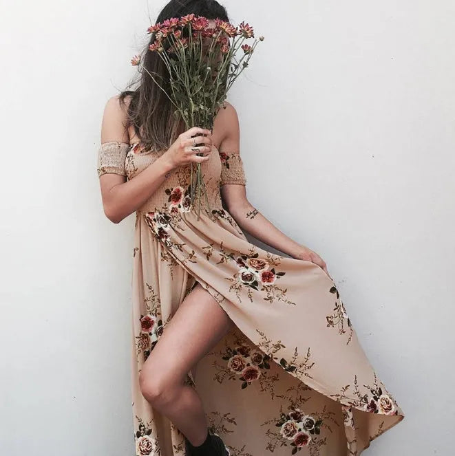 Elegant Ladies Summer Boho Vacation Resort Slit Maxi dress off shoulder Long floral Beach summer slit dress - EX-STOCK CANADA