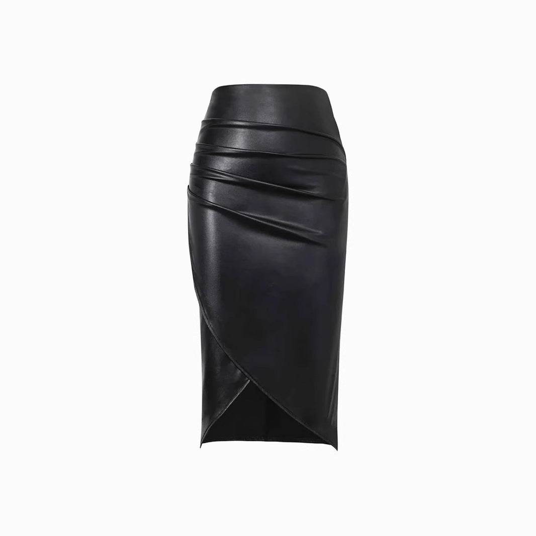 Front Split Leather Skirt Formal Office Work High Waist Sheath midi black Skirt - EX-STOCK Canada