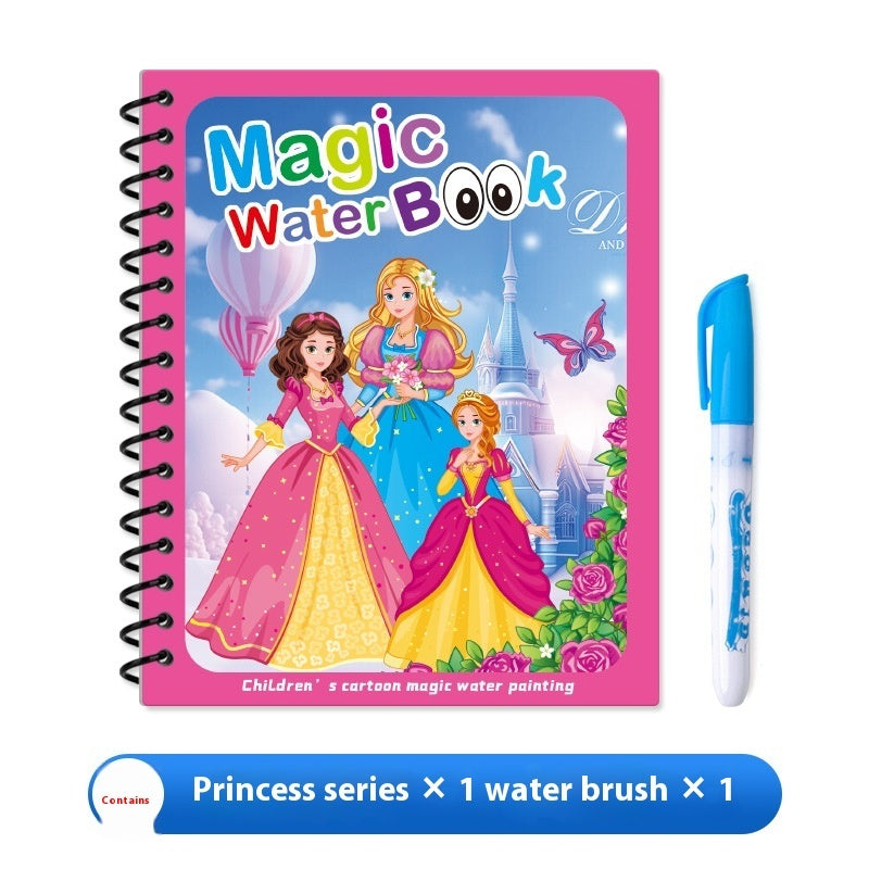 Magic water book with princess design and water brush on a white background
