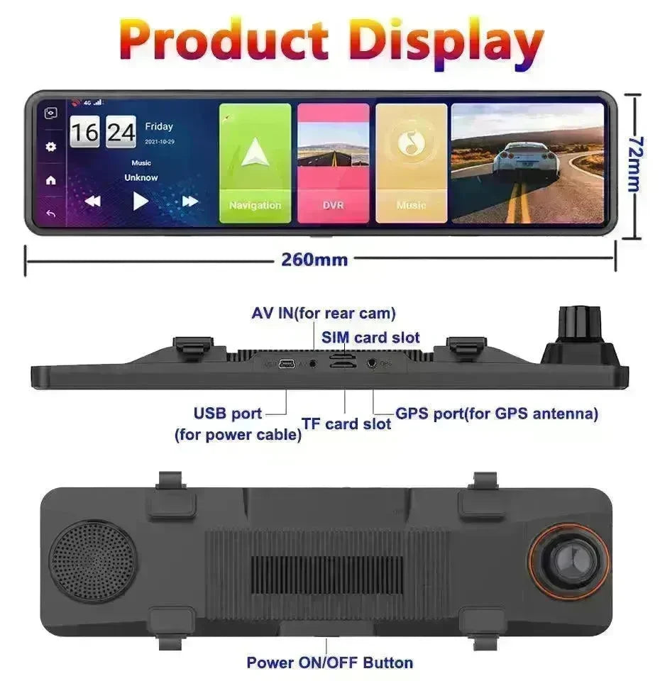 Smart 170 wide angle Bluetooth, GPS, Speed monitoring, collision sensing, front and back view, reversing image Rearview Mirror Tachograph Double Recording Dashcam HDR Backup Camera for cars - EX-STOCK CANADA