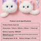 Two plush white cat-shaped accessories with purple and pink ears, blue eyes, and small pink noses are shown on a pink background, alongside a white charging cable and a text panel listing product specifications for the 'Zaza Cat'.