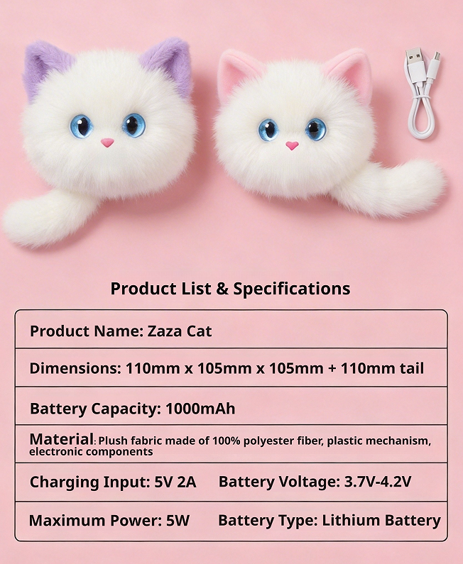 Two plush white cat-shaped accessories with purple and pink ears, blue eyes, and small pink noses are shown on a pink background, alongside a white charging cable and a text panel listing product specifications for the 'Zaza Cat'.