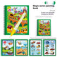 Children's water painting book with colorful illustrations and a water brush, displayed with product dimensions.