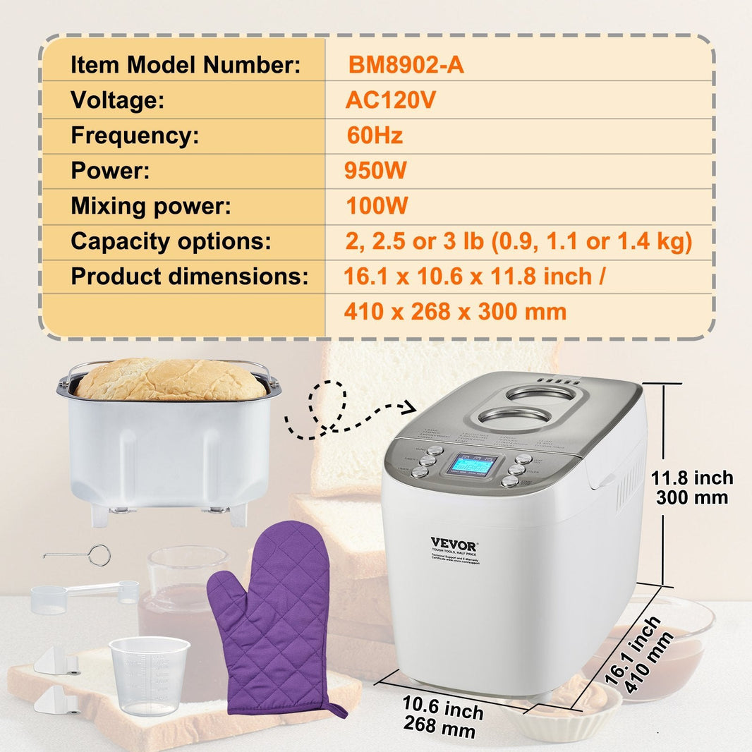 Bread Maker, 15-in-1 3LB Dough Machine, Nonstick Ceramic Pan Automatic Breadmaker With Gluten Free Setting, Whole Wheat Bread Making, Digital, Programmable, 3 Loaf Sizes, 3 Crust Colors, White EX-STOCK