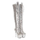 A pair of silver sequined thigh-high boots with platform soles and high stiletto heels, featuring white lace-up detailing on the front.