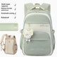 A light sage green and cream backpack shown on a white background with feature callouts on the left, including 'Multi-layer capacity', 'Reduce burden and stress', 'Breathable cooling', and 'Rainproof'. A small inset shows the backpack from the side.