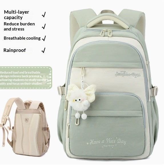 A light sage green and cream backpack shown on a white background with feature callouts on the left, including 'Multi-layer capacity', 'Reduce burden and stress', 'Breathable cooling', and 'Rainproof'. A small inset shows the backpack from the side.
