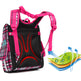 Pink and black backpack with plaid pattern on a white background