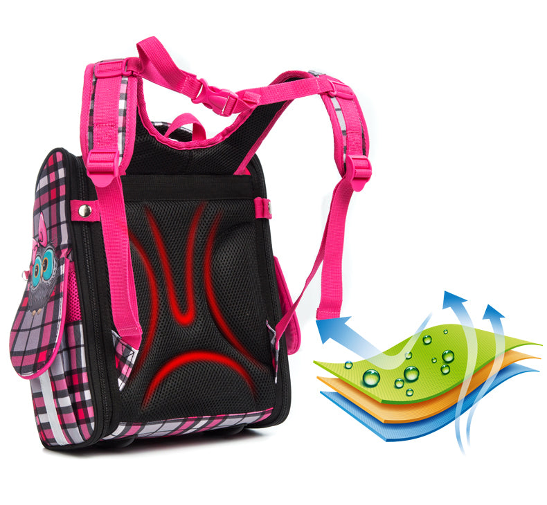 Pink and black backpack with plaid pattern on a white background