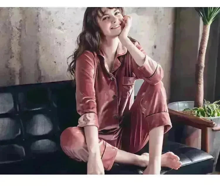 2pcs Couple Gold Velvet Long Sleeve Pajamas set - EX-STOCK CANADA