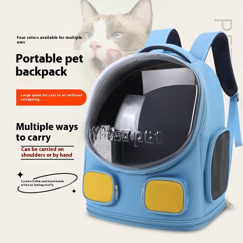 Blue pet backpack with a cat peeking out, featuring text about its features.