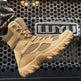 Tan tactical boot being worn with a grid-patterned background featuring the brand 'LUYYU'.