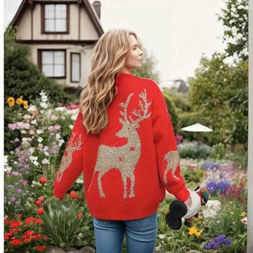 Christmas Deer Snowflakes Knit Sweater Pullover Round Neck Christmas Elk - EX-STOCK Canada