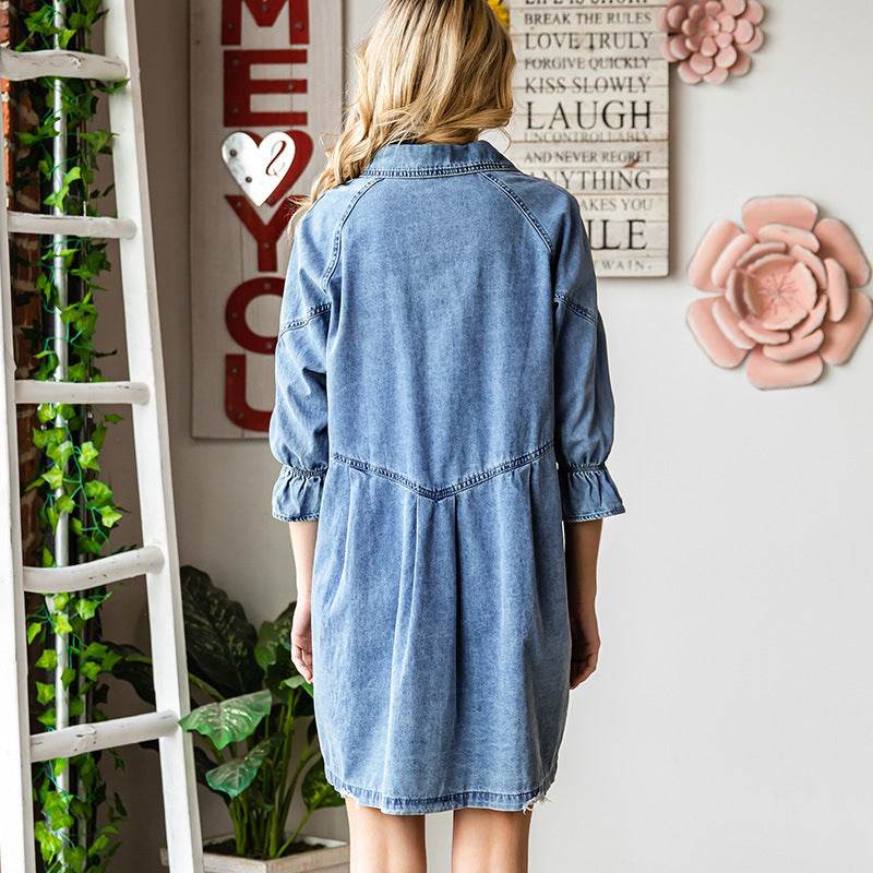 Three-quarter Sleeve Denim Dress Women's Casual Ruffles - EX-STOCK Canada