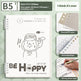 Notebook with a cartoon design and text, showing features like a frosted PP cover and removable hinges on a green patterned background.