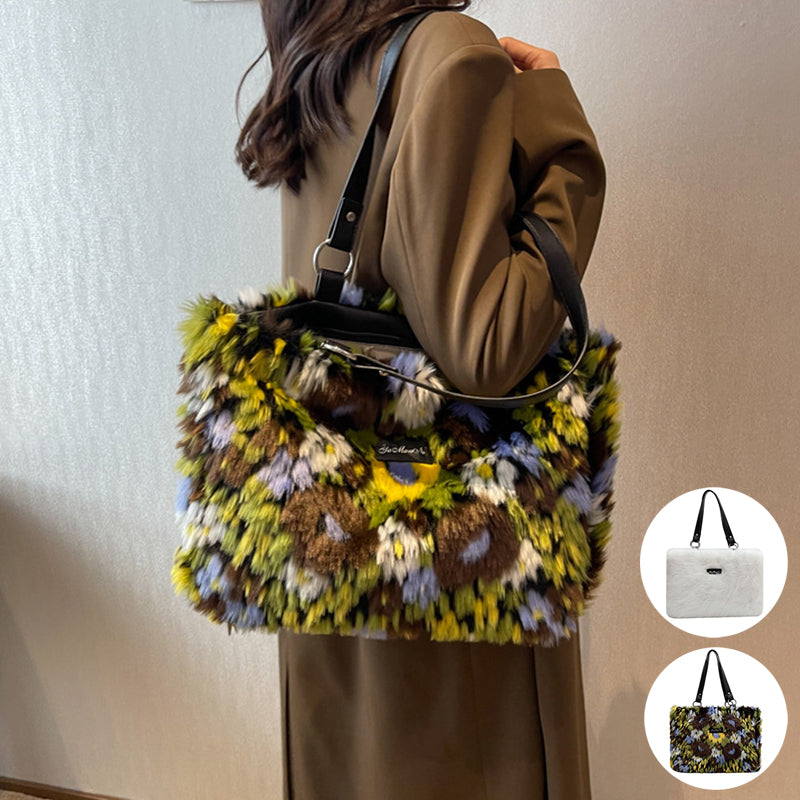 Women's Winter Plush Floral Shoulder Bag – Large Tote Handbag (White & Decor)