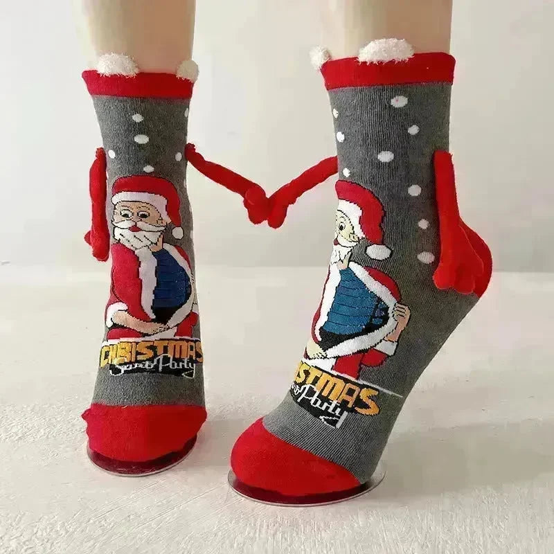Christmas Magnetic Socks Cute Elk Santa Claus Snowman Hand-holding Socks For Couple - EX-STOCK CANADA
