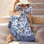 Puff Sleeve dress V Neck Blue Floral Bohemian Midi Dress EX-STOCK
