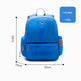 Blue backpack with dimensions and weight information on a white background