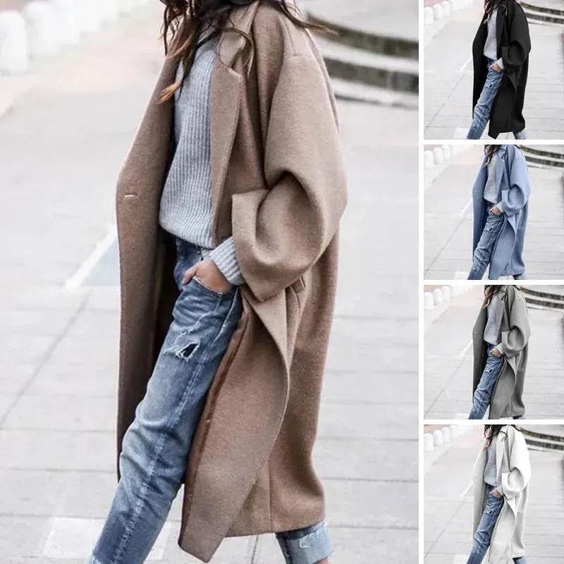 Lapel Single Breasted Women Winter Solid Woolen Trench Coat Long Jacket - EX-STOCK Canada
